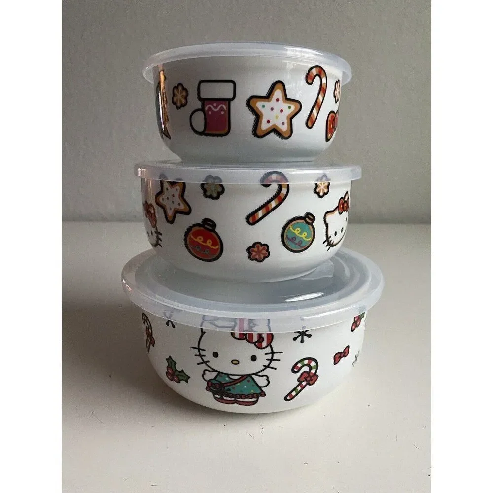 Set Of 3 Hello Kitty Christmas Pressure Lid Ceramic Food Storage Bowls Container